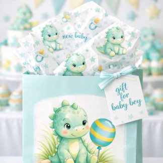 Teal Blue Dinosaur Pattern Teal and White Tissue Paper