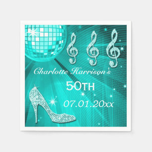 Teal Blue Disco Ball and Sparkle Heels 50th Napkin