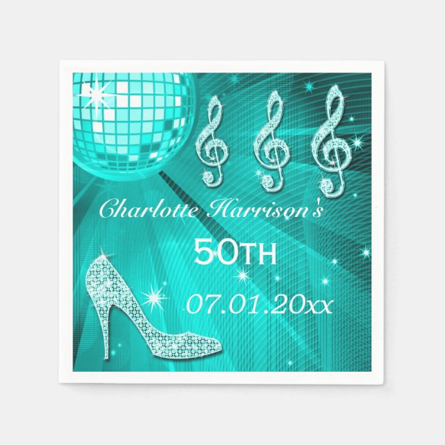 Teal Blue Disco Ball and Sparkle Heels 50th Napkin (Front)