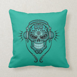 Teal Blue DJ Sugar Skull Cushion