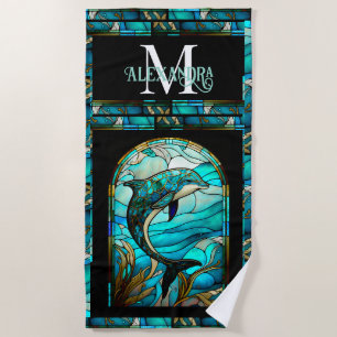 Teal Blue Dolphin Look of Stained Glass Beach Towel