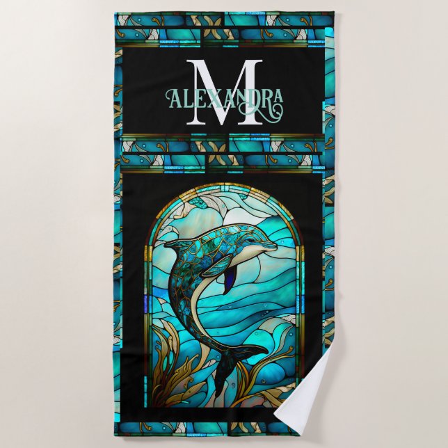 Teal Blue Dolphin Look of Stained Glass Beach Towel (Front)