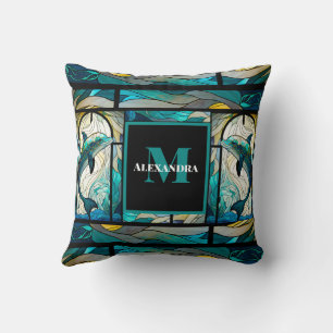 Teal Blue Dolphin Look of Stained Glass Cushion