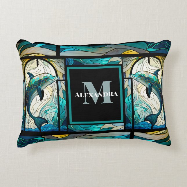 Teal Blue Dolphin Look of Stained Glass Decorative Cushion (Front)