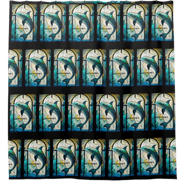 Teal Blue Dolphin Look of Stained Glass Shower Curtain (Front)
