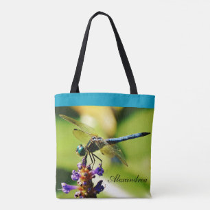 Teal blue dragonfly purple flowers pond w/ Name Tote Bag