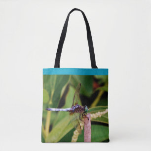 Teal blue dragonfly purple flowers pond w/ Name Tote Bag