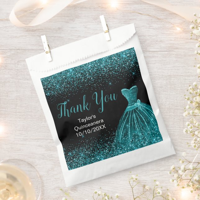 Teal Blue Dress Faux Glitter Quinceanera Favour Bags (Clipped)