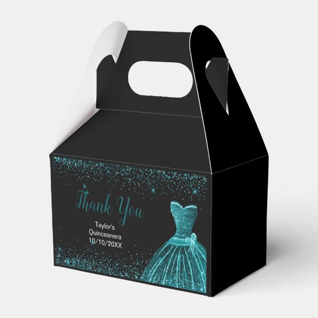 Teal Blue Dress Faux Glitter Quinceanera Favour Box (Front Side)