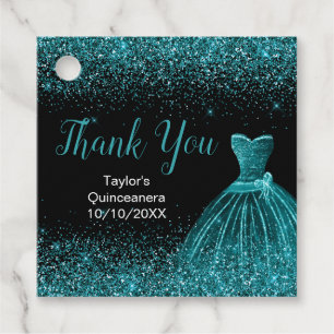 Teal Blue Dress Faux Glitter Quinceanera Favour Tags