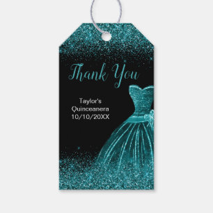 Teal Blue Dress Faux Glitter Quinceanera Gift Tags