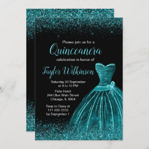 Teal Blue Dress Faux Glitter Quinceanera Invitation