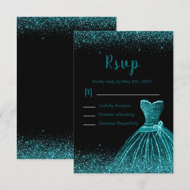 Teal Blue Dress Faux Glitter Quinceanera RSVP Card (Front/Back)