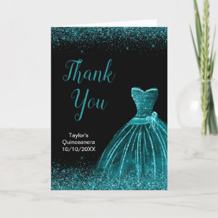 Teal Blue Dress Faux Glitter Quinceanera Thank You Card