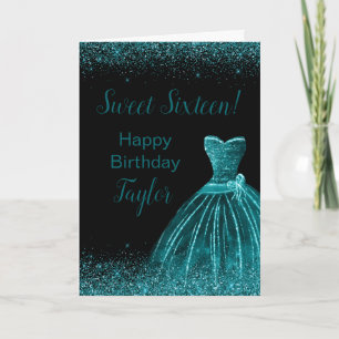 Teal Blue Dress Faux Glitter Sweet 16 Birthday Card
