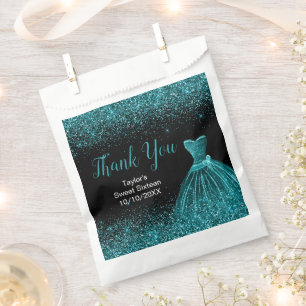 Teal Blue Dress Faux Glitter Sweet 16 Birthday Favour Bags