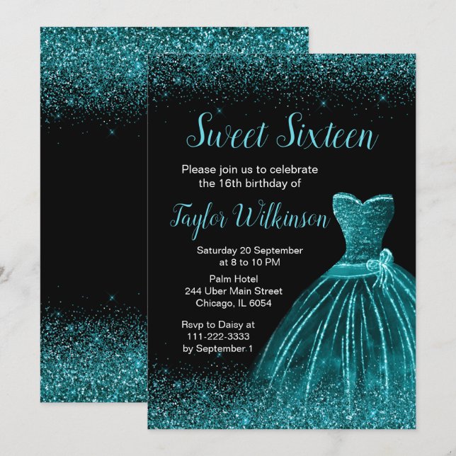 Teal Blue Dress Faux Glitter Sweet 16 Birthday Invitation (Front/Back)