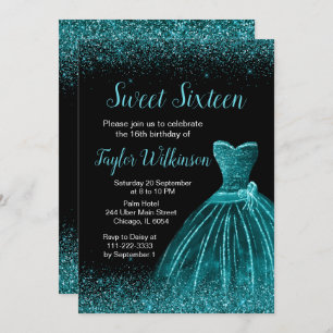 Teal Blue Dress Faux Glitter Sweet 16 Birthday Invitation