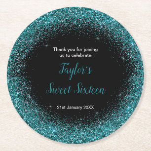 Teal Blue Dress Faux Glitter Sweet 16 Birthday Round Paper Coaster