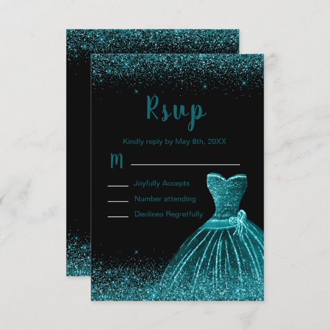 Teal Blue Dress Faux Glitter Sweet 16 Birthday RSVP Card (Front/Back)