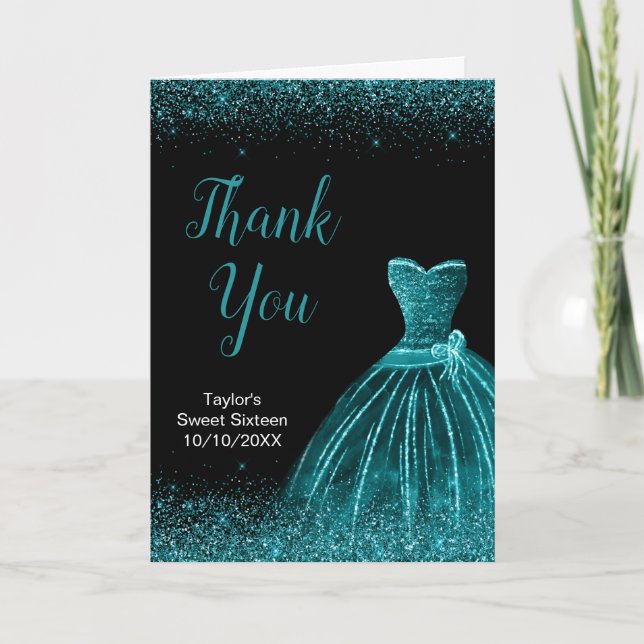Teal Blue Dress Faux Glitter Sweet 16 Birthday Thank You Card (Front)