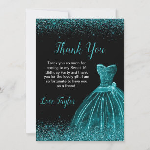 Teal Blue Dress Faux Glitter Sweet 16 Birthday Thank You Card