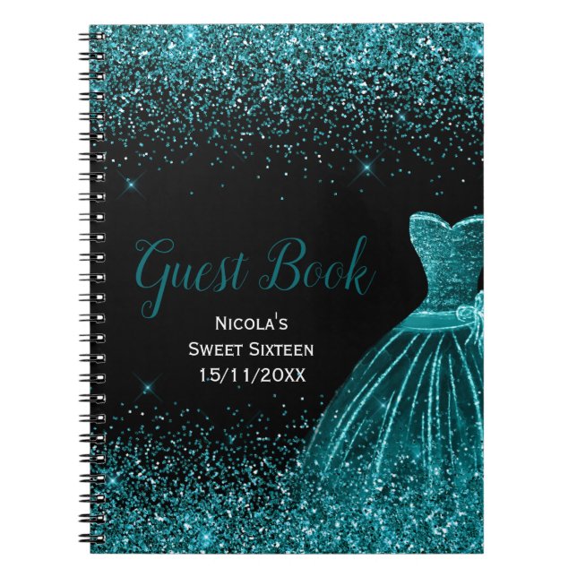 Teal Blue Dress Faux Glitter Sweet 16 Guest Book (Front)