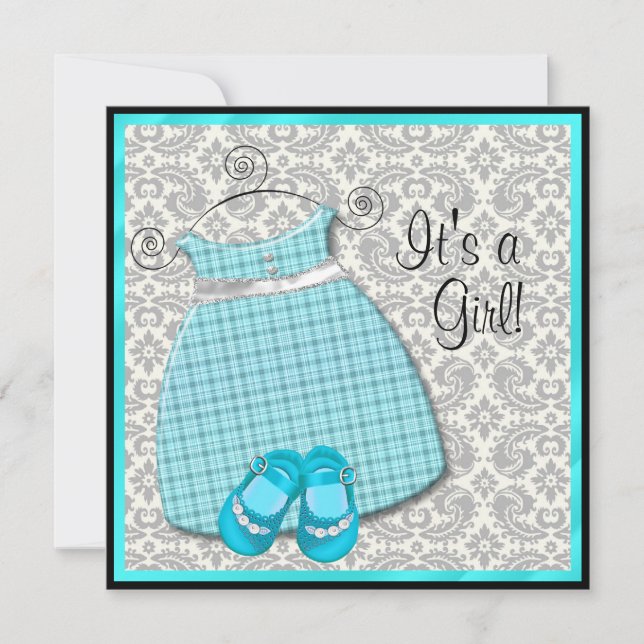 Teal Blue Dress Shoes Teal Damask Baby Girl Shower Invitation (Front)