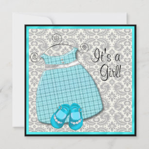 Teal Blue Dress Shoes Teal Damask Baby Girl Shower Invitation