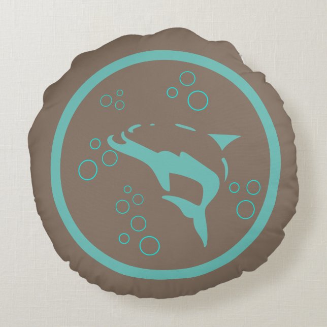 Teal blue driftwood grey DOLPHIN  bubbles nautical Round Cushion (Back)