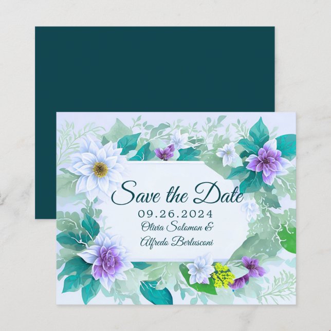 Teal blue elegant modern whimsical Save the date (Front/Back)