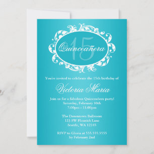 Teal Blue Elegant Swirl Quinceanera Birthday Party Invitation