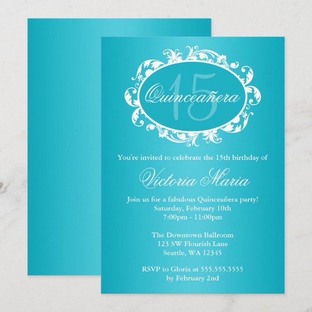 Teal Blue Elegant Swirl Quinceanera Birthday Party Invitation (Front/Back)