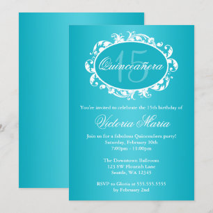 Teal Blue Elegant Swirl Quinceanera Birthday Party Invitation