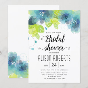 Teal blue ethereal flowers wedding bridal shower invitation