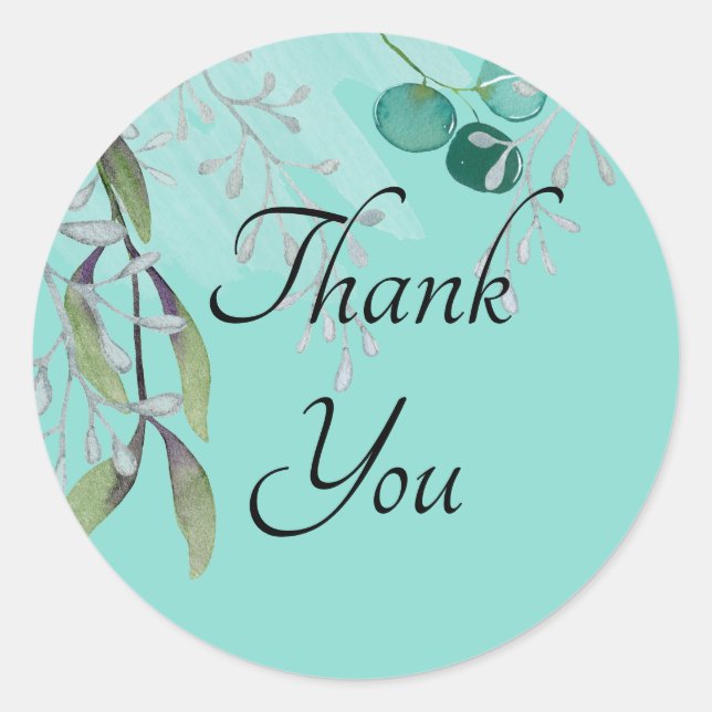 Teal Blue Eucalyptus Watercolor Classic Round Sticker (Front)