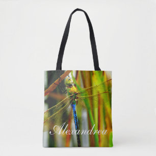 Teal Blue eye dragnfly personalised w/ Name Tote Bag
