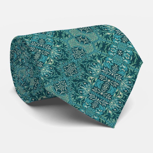 Teal Blue Faux Embroidery Vintage William Morris Tie (Rolled)