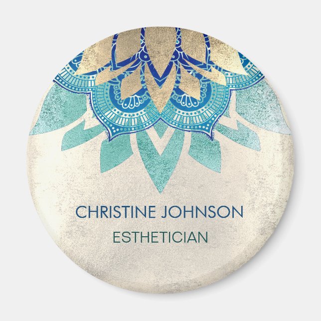 teal blue faux gold foil lotus logo magnet (Front)