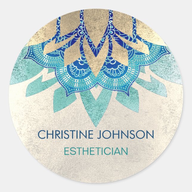 teal blue faux gold lotus logo classic round sticker (Front)
