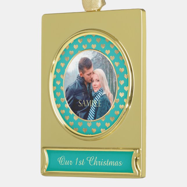 Teal Blue First Christmas Gold Heart Plated Banner Ornament (Left)