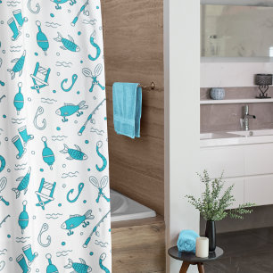 Teal Blue Fishing Seamless Pattern Monogrammed Sho Shower Curtain