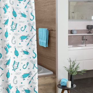 Teal Blue Fishing Seamless Pattern Monogrammed Sho Shower Curtain