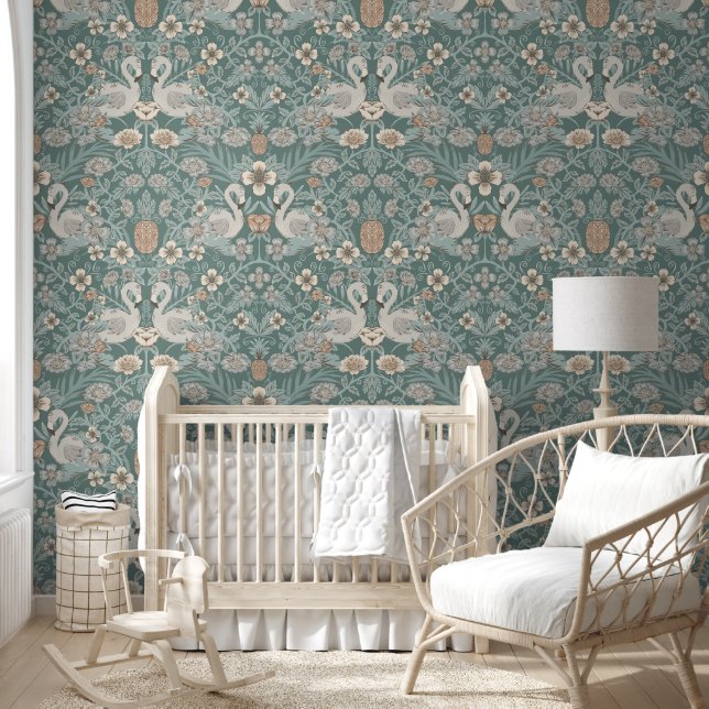 Teal Blue Flamingo Floral Damask Wallpaper (Kids)
