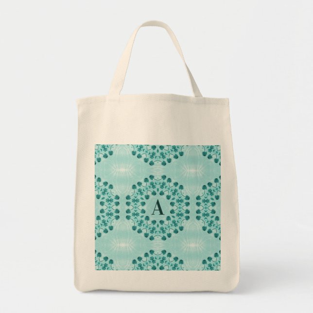 Teal Blue Floral Abstract Monogram Tote Bag (Front)