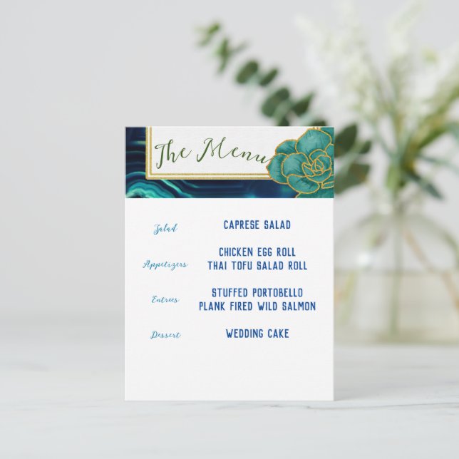 Teal & Blue Floral Agate Menu Postcard (Standing Front)