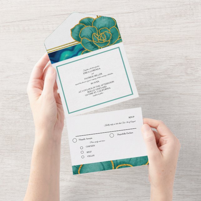 Teal & Blue Floral Agate Wedding All In One Invitation (Tearaway)