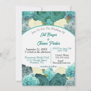 Teal Blue Floral and Rose Elegant Wedding Invitation