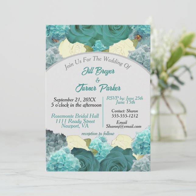Teal Blue Floral and Rose Elegant Wedding  Invitation (Standing Front)
