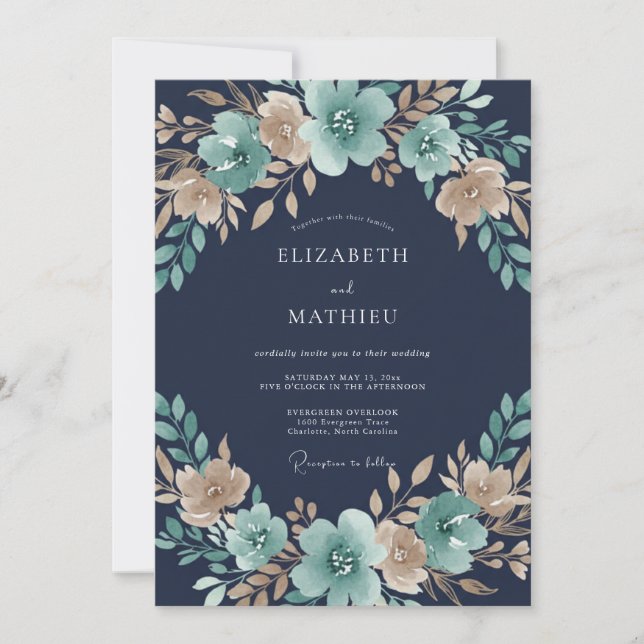 Teal Blue Floral Autumn Wedding Invitation (Front)